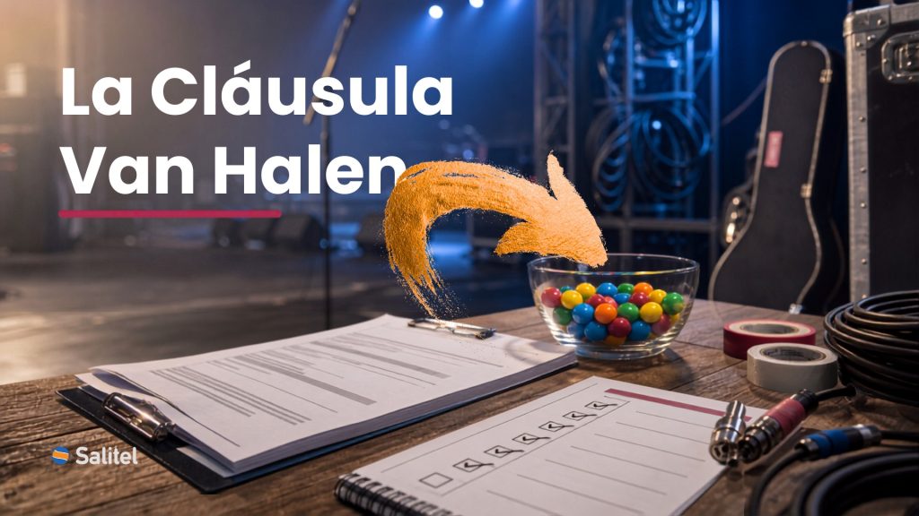 Contrato técnico de concierto, checklist y cuenco de caramelos como símbolo de atención al detalle